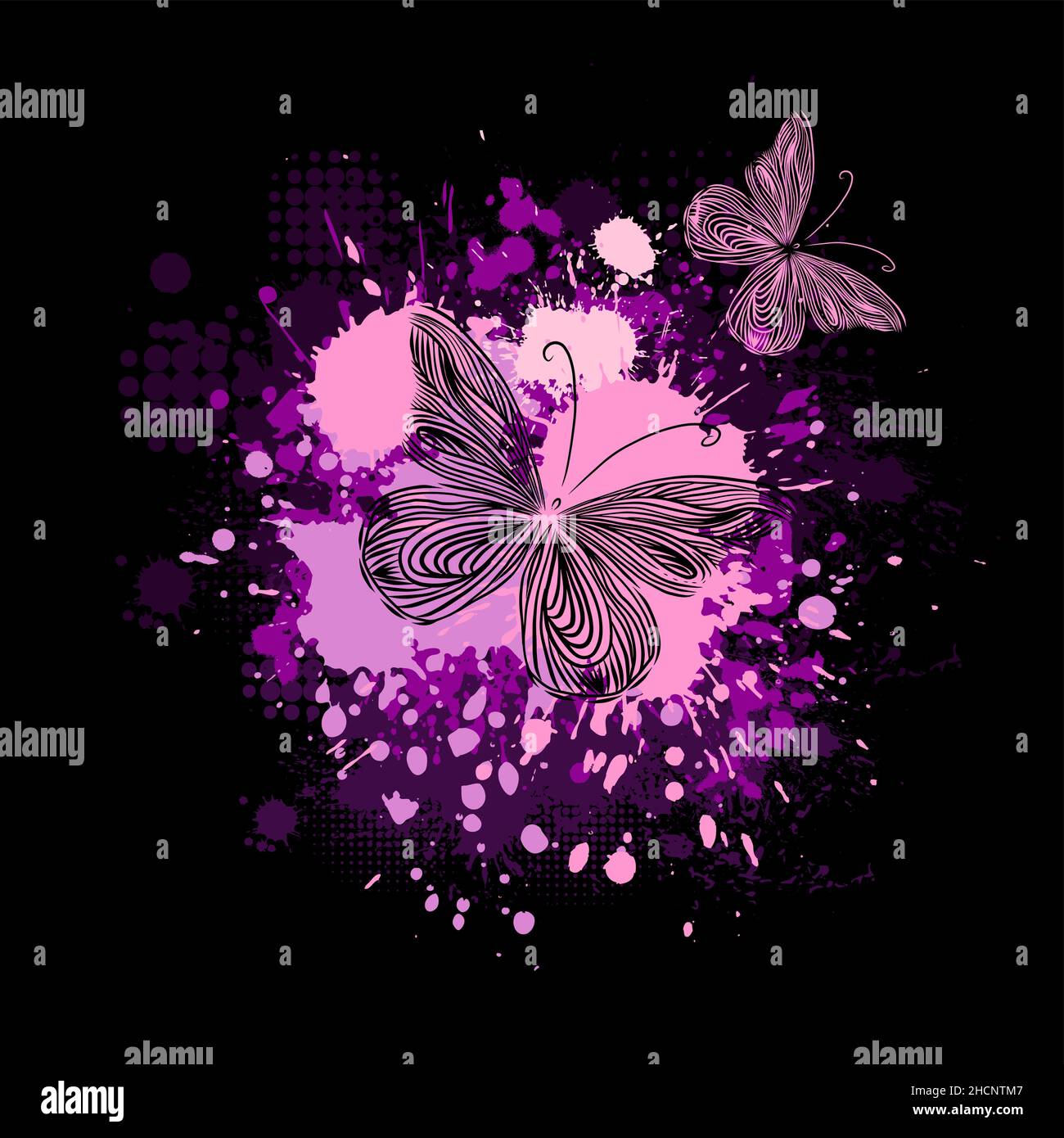 Purple abstraction with butterflies and blots. Dark background. Vector ...