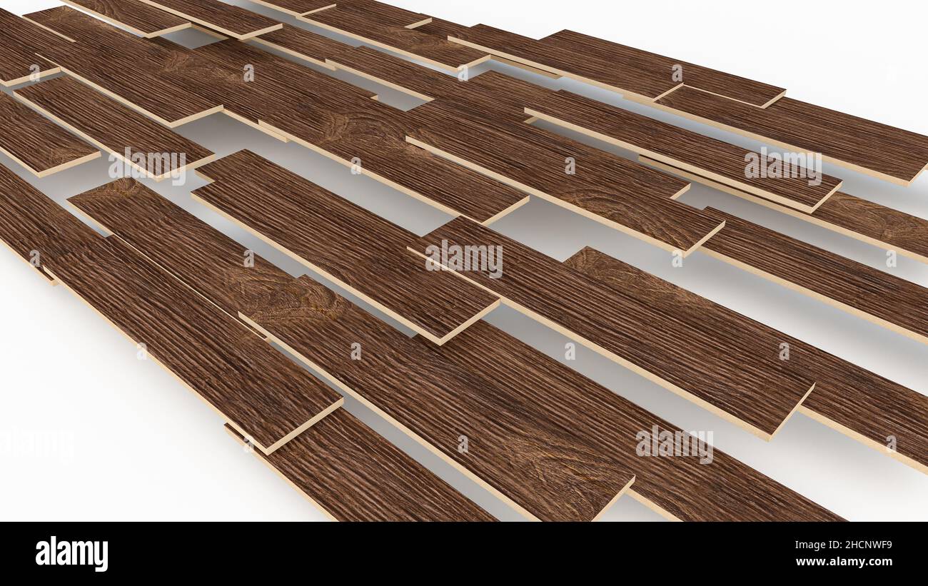 wood flooring installation fixing parquets on floor. 3d Illustration about construction Stock Photo