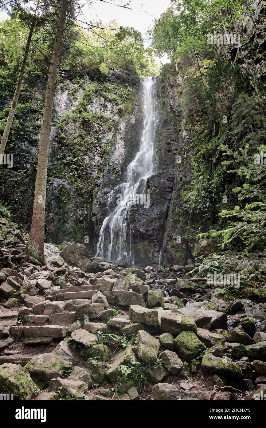 Burgbach Waterfall in Black Forest falls over granite rocks into the valley near Bad Rippoldsau-Schapbach, Germany. Stock Photo