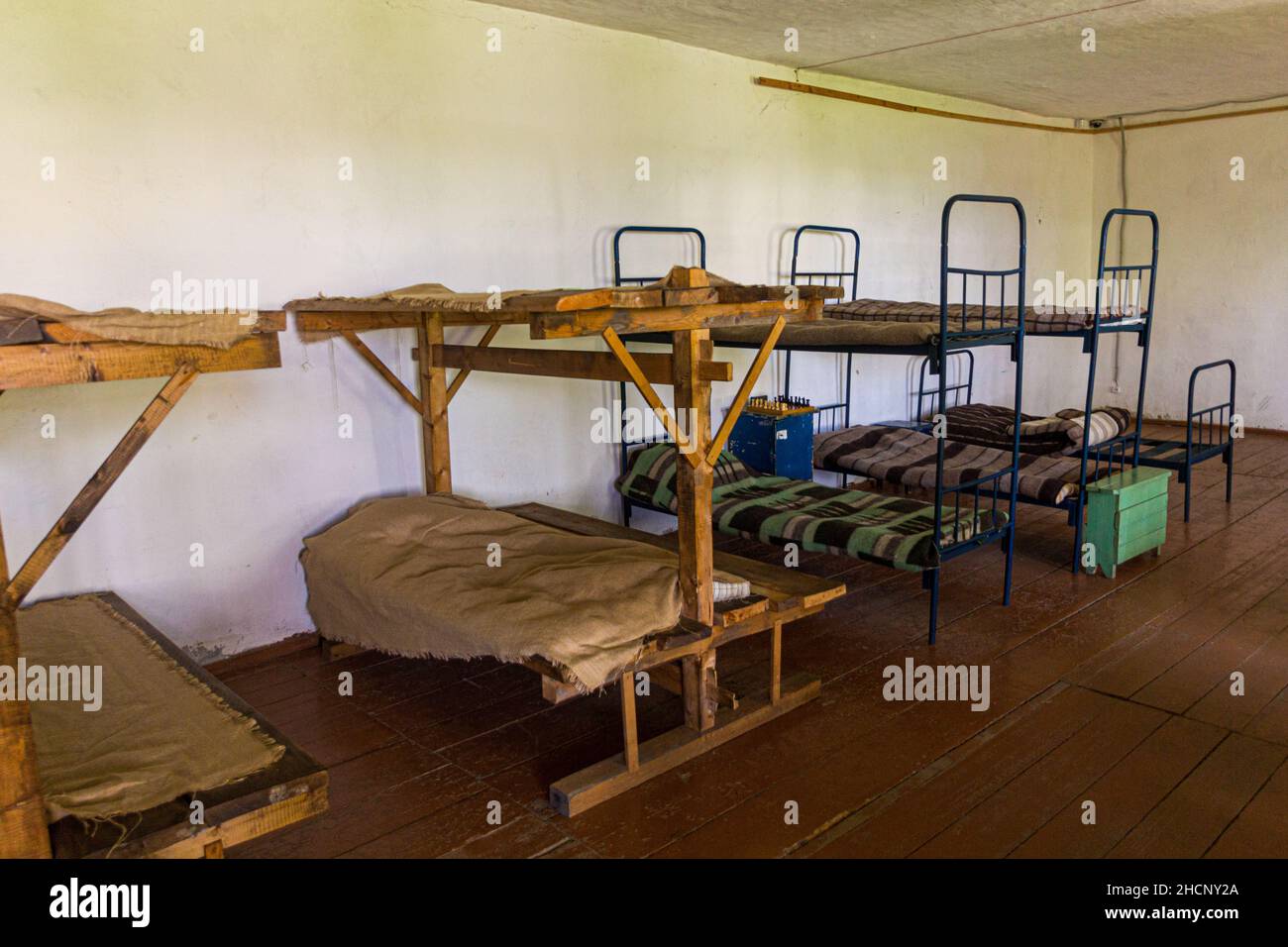 PERM KRAI, RUSSIA - JULY 1, 2018: Various bedsin the Museum of the History of Political Repression Perm-36 Gulag Museum , Russia Stock Photo