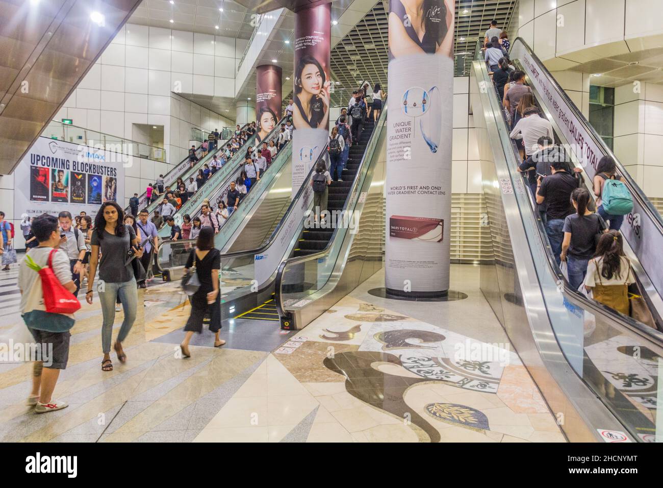 SINGAPORE, SINGAPORE - MARCH 12, 2018: Escalators at Dhoby Ghaut MRT interchange station in Singapore Stock Photo