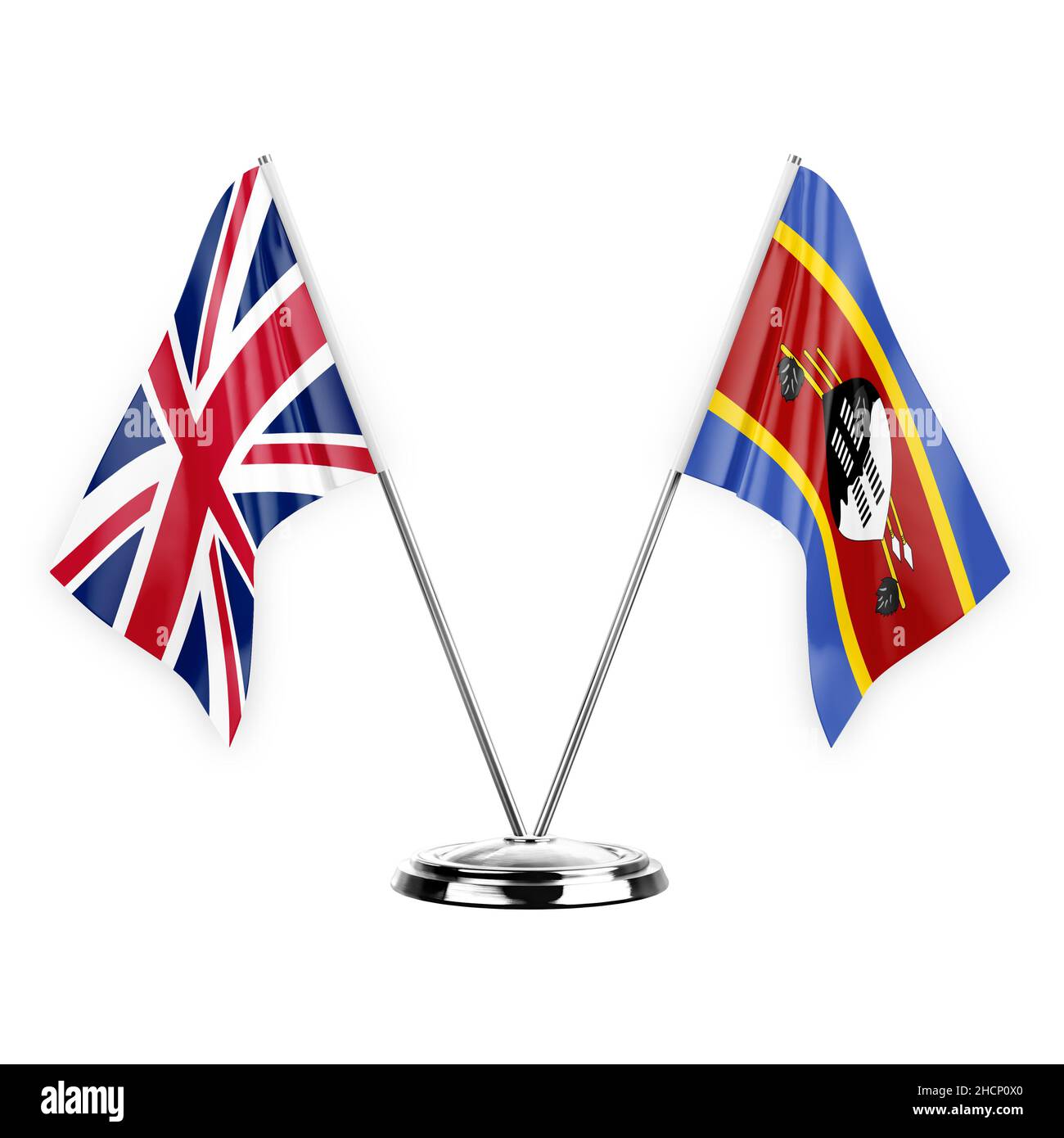 Two table flags isolated on white background 3d illustration, united kingdom and eswatini Stock Photo