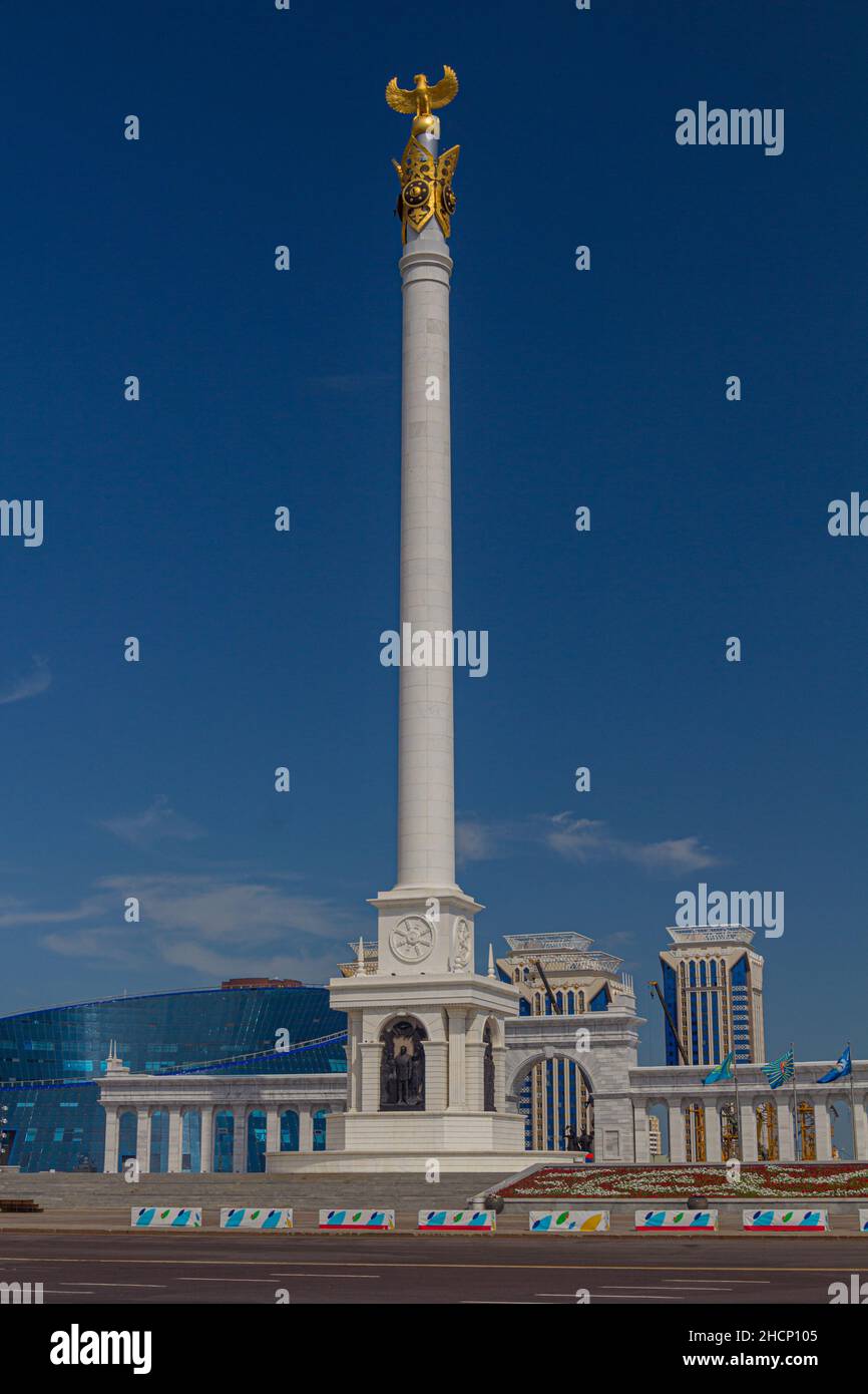 ASTANA, KAZAKHSTAN - JULY 9, 2018: Kazakh Eli Monument on the Independence Square in Astana now Nur-Sultan , capital of Kazakhstan. Stock Photo