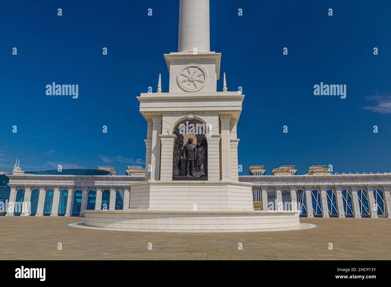 ASTANA, KAZAKHSTAN - JULY 9, 2018: Kazakh Eli Monument on the Independence Square in Astana now Nur-Sultan , capital of Kazakhstan. Stock Photo