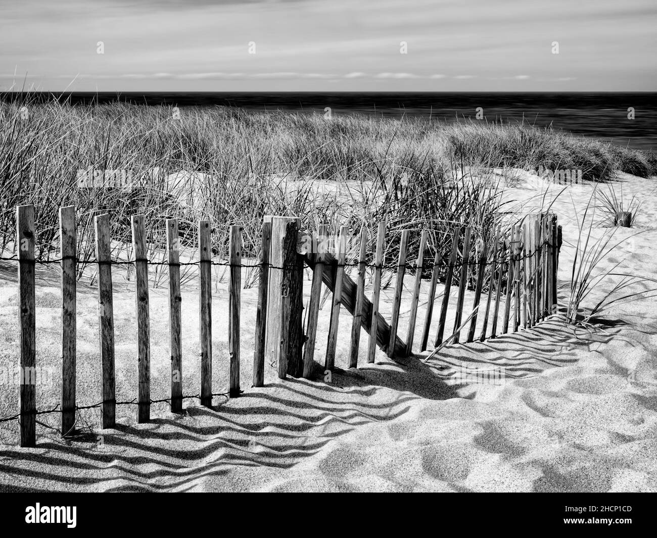 USA, Massachusetts, Cape Cod, Provincetown, Fence at Race Point Beach (bw) Stock Photo