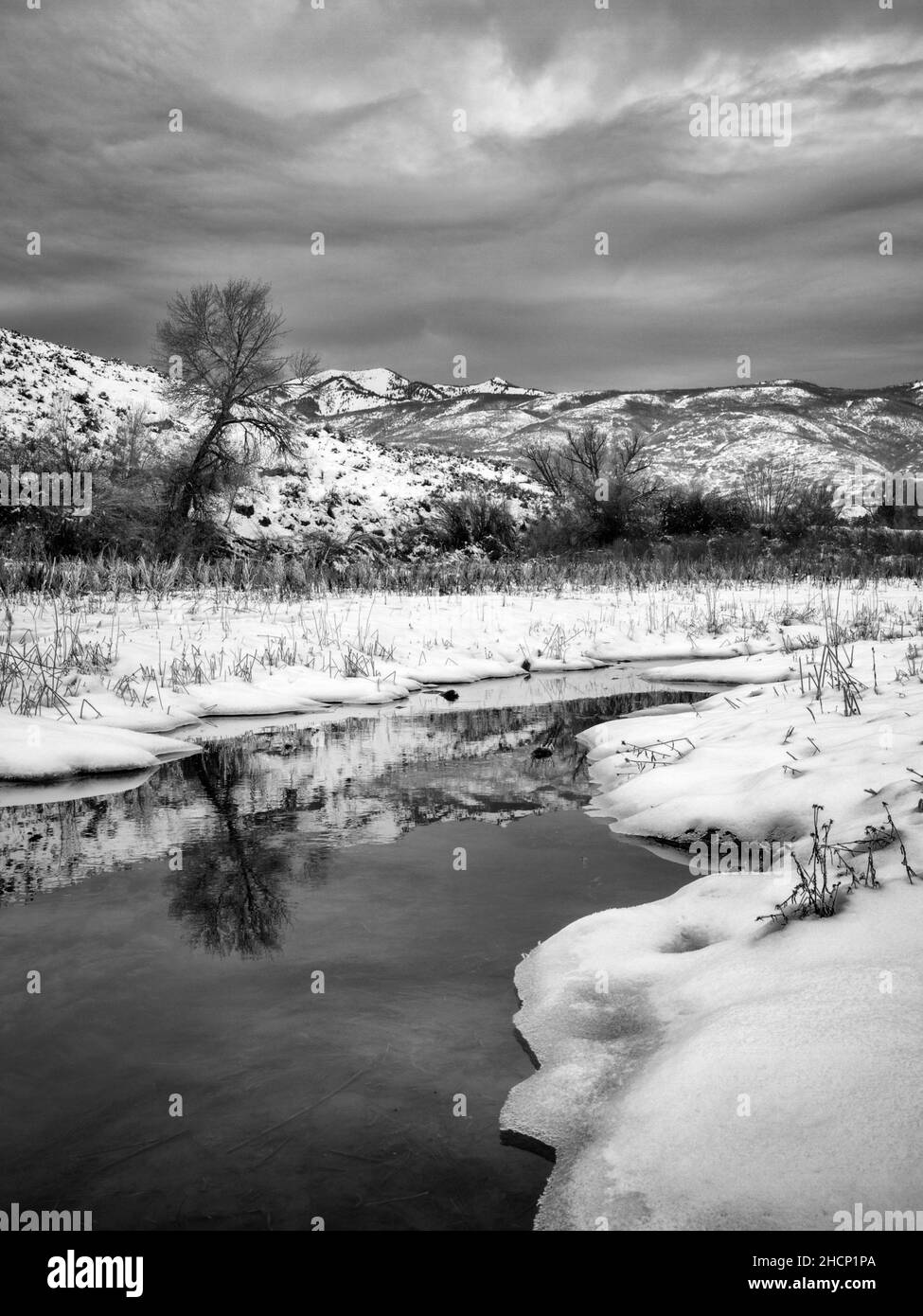 USA, Utah, Heber Valley, Winter reflections in Deer Creek (bw), #2 Stock Photo