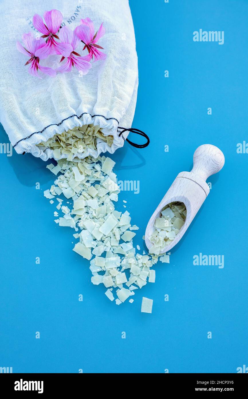 Plasticfree laundry soap flakes in a cotton bag Stock Photo Alamy