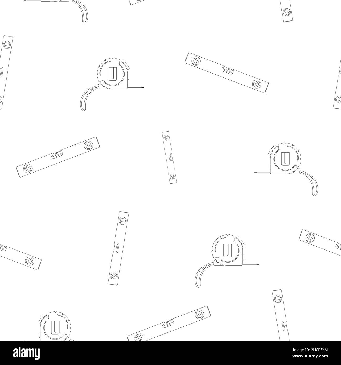 Pattern of bubble level and tape measure. Linear design. On a white background. Tools for any specialist. Flat vector illustration. Stock Vector