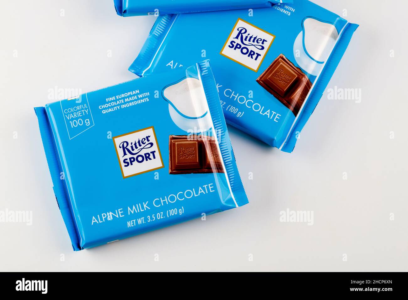 May 4, 2021. New York, US. Ritter Sport alpine milk chocolate bars on