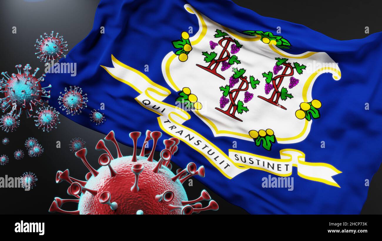 Connecticut and covid pandemic - virus attacking a state flag of Connecticut as a symbol of a fight and struggle with the virus pandemic in this state Stock Photo