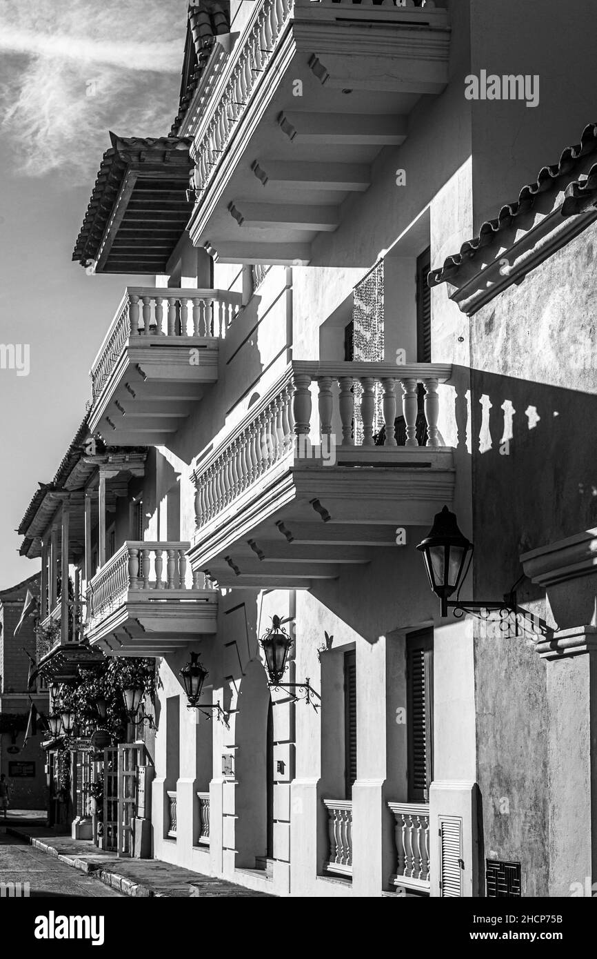 Monochrome picture of colonial balconies, Cartagena de Indias, Colombia. Stock Photo