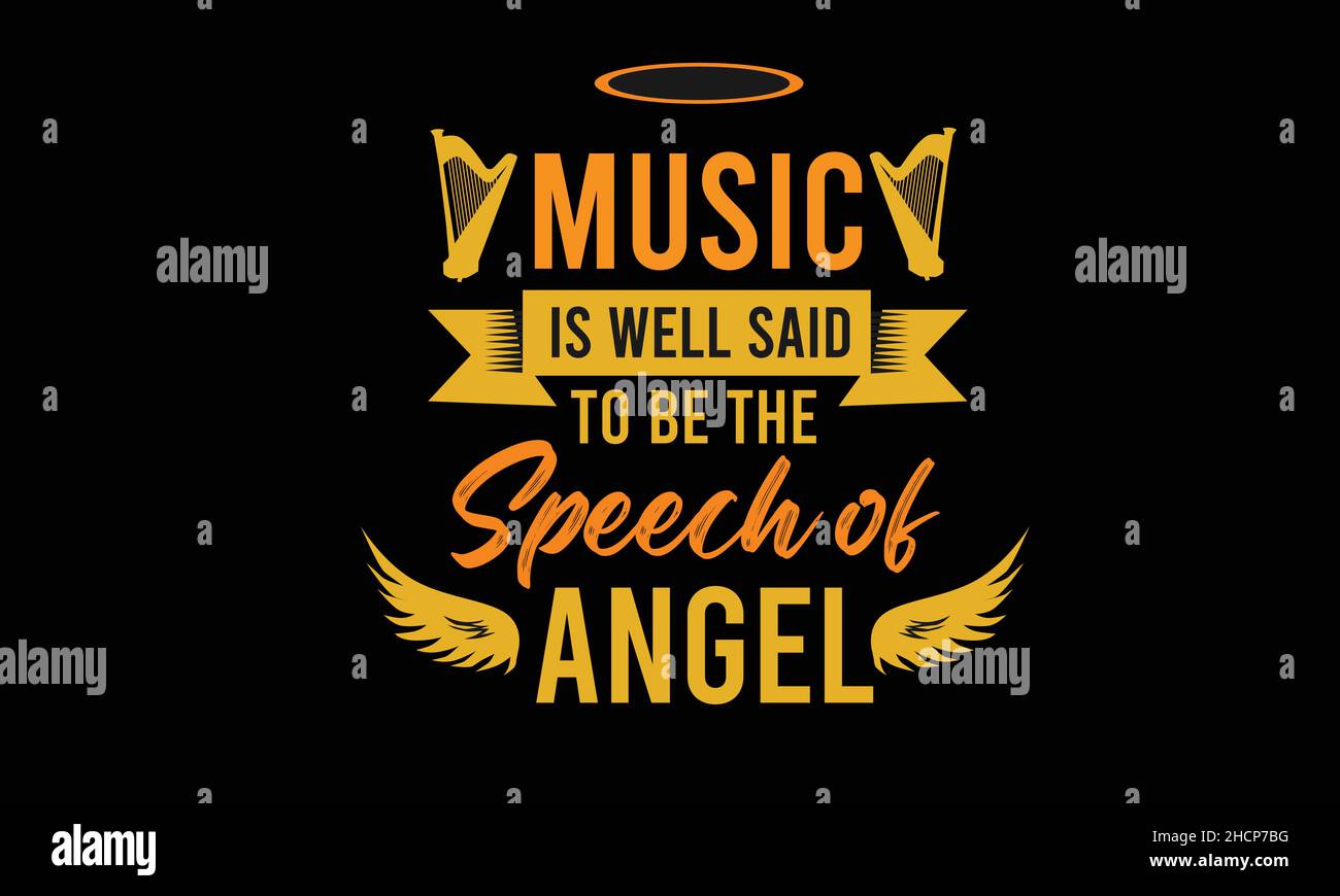 music is speech of angel harp and wing icon music t-shirt monogram text vector template Stock Vector