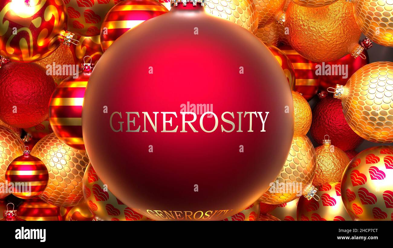 Christmas Generosity - dozens of golden rich and red Holiday ornaments with a Generosity red ball in the middle, 3d illustration Stock Photo