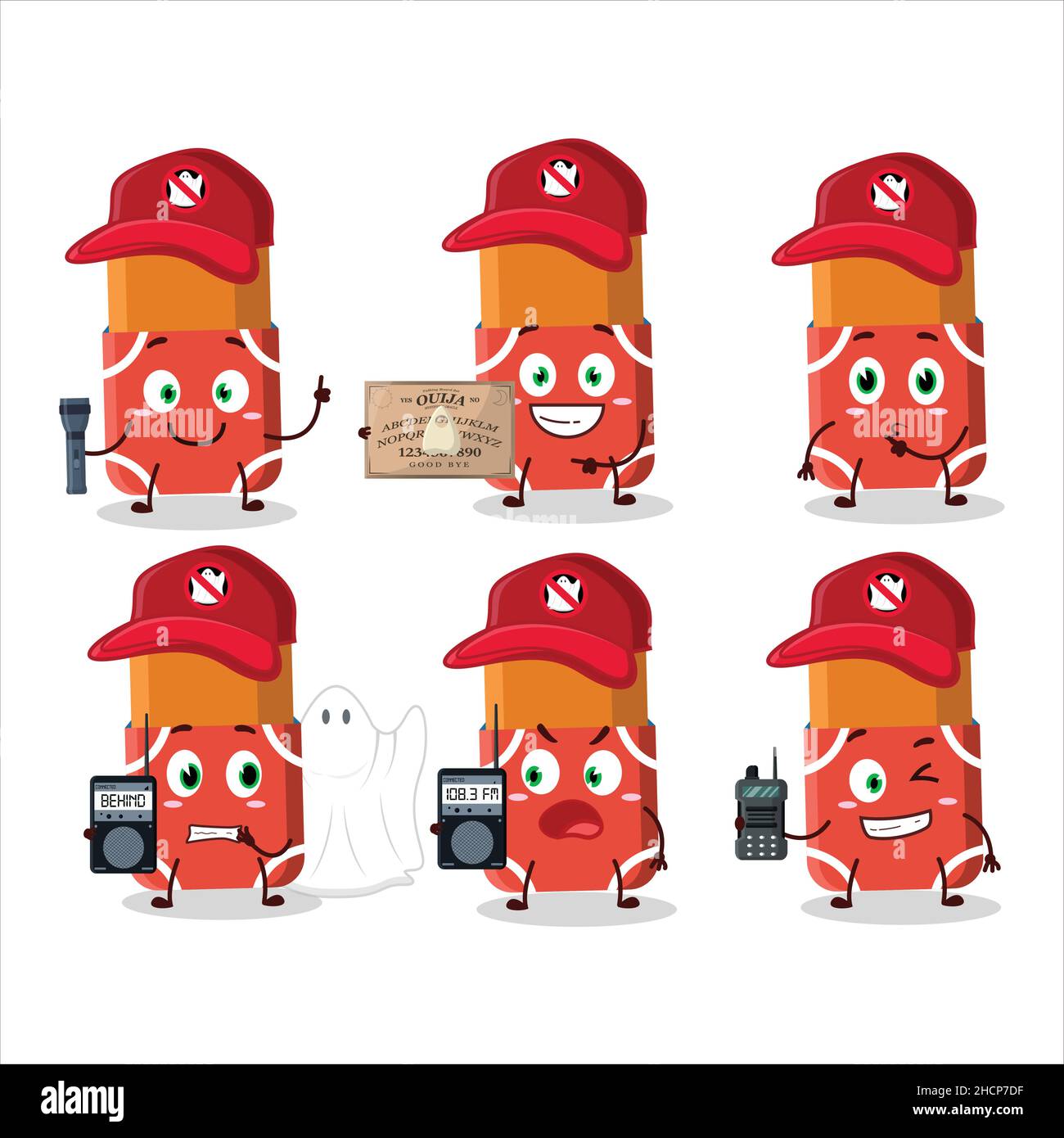 Ghost hunter cartoon red eraser character using camera. Vector illustration Stock Vector