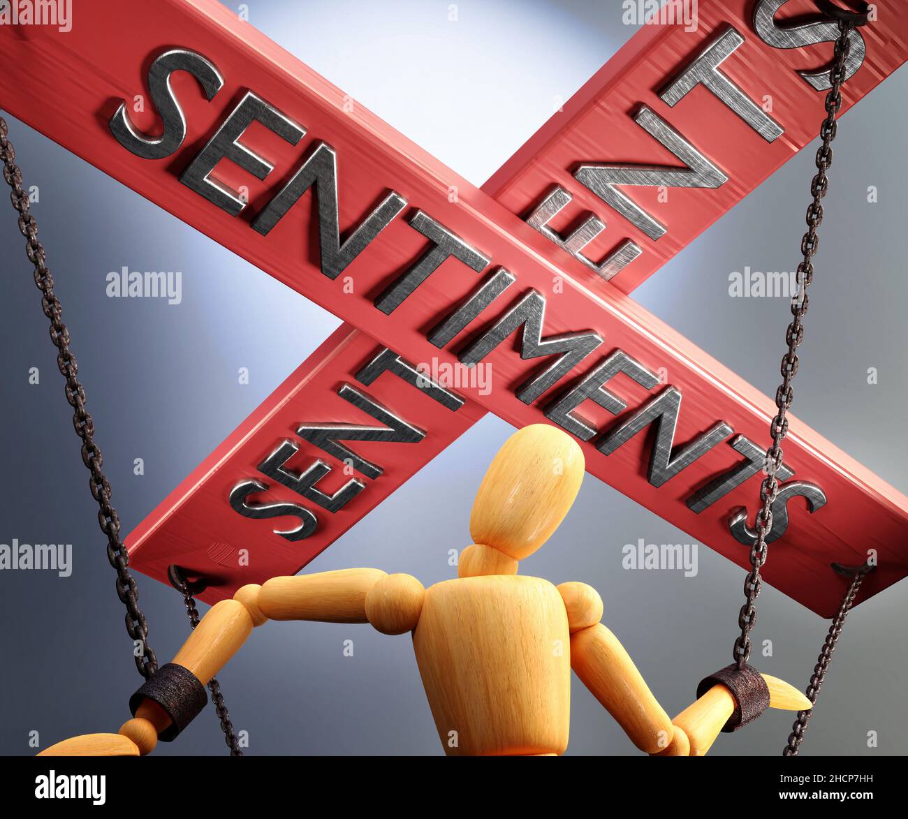 Sentiments control, power, influence and manipulation symbolized by control bar with word Sentiments pulling the strings (chains) of a wooden puppet, Stock Photo