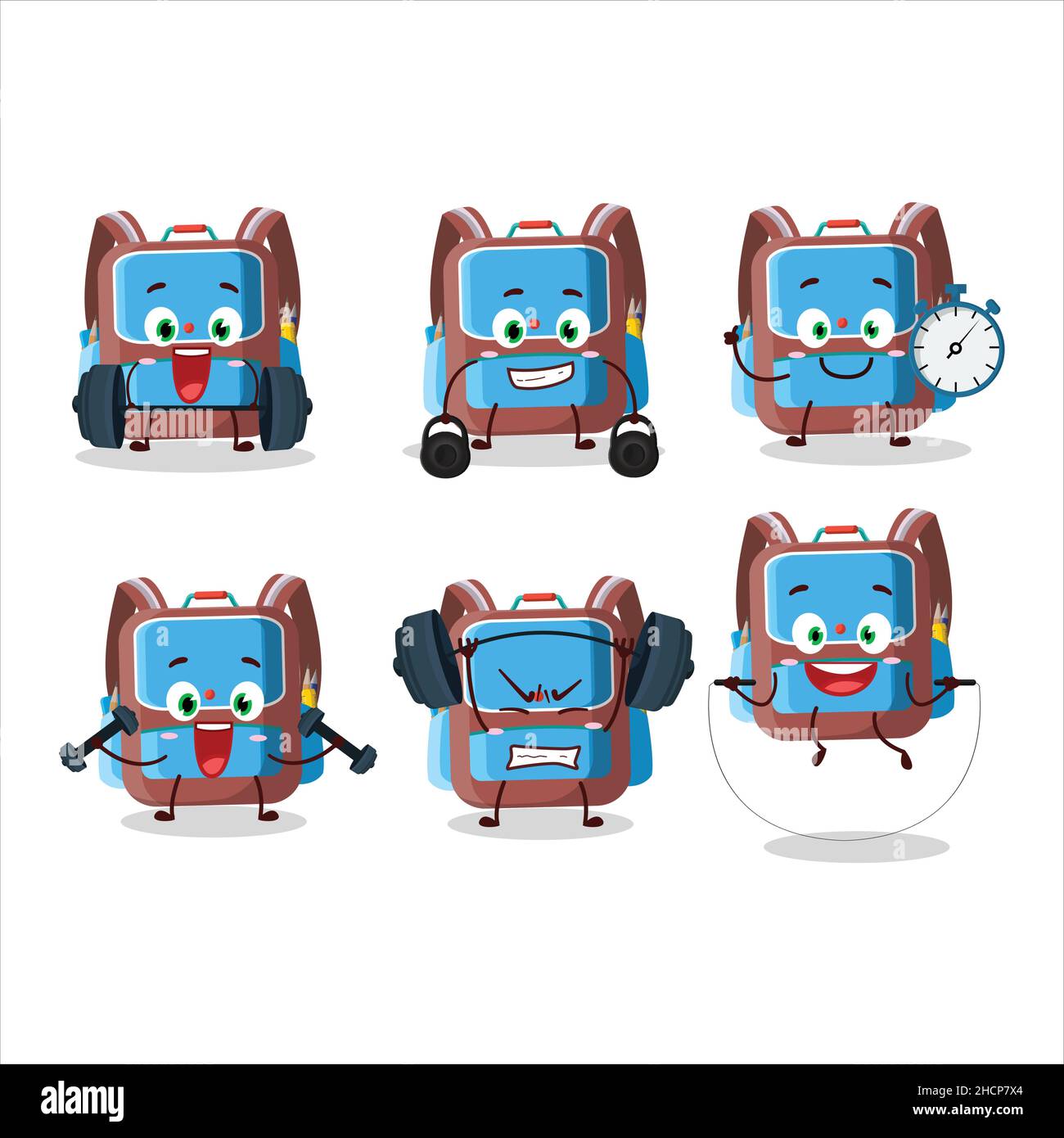 A healthy backpack children cartoon style trying some tools on Fitness center. Vector illustration Stock Vector
