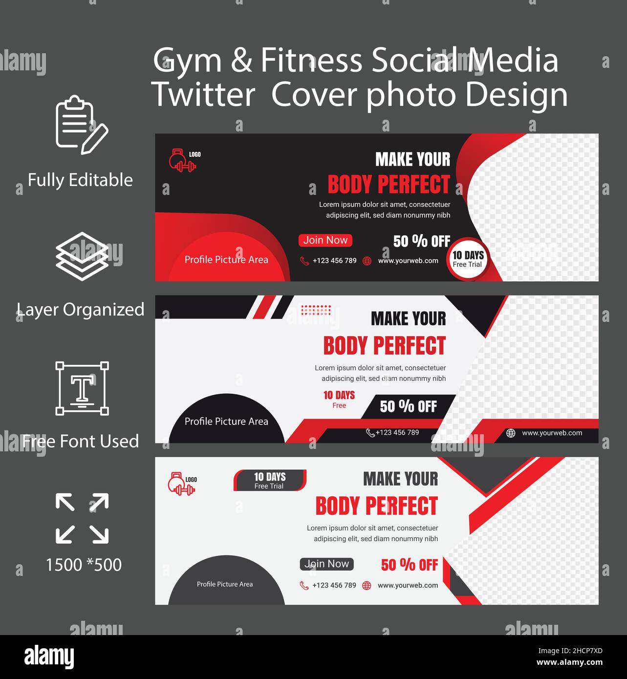 Fitness & Gym Social Media Twitter Cover or Header Banner Template Design Stock Vector