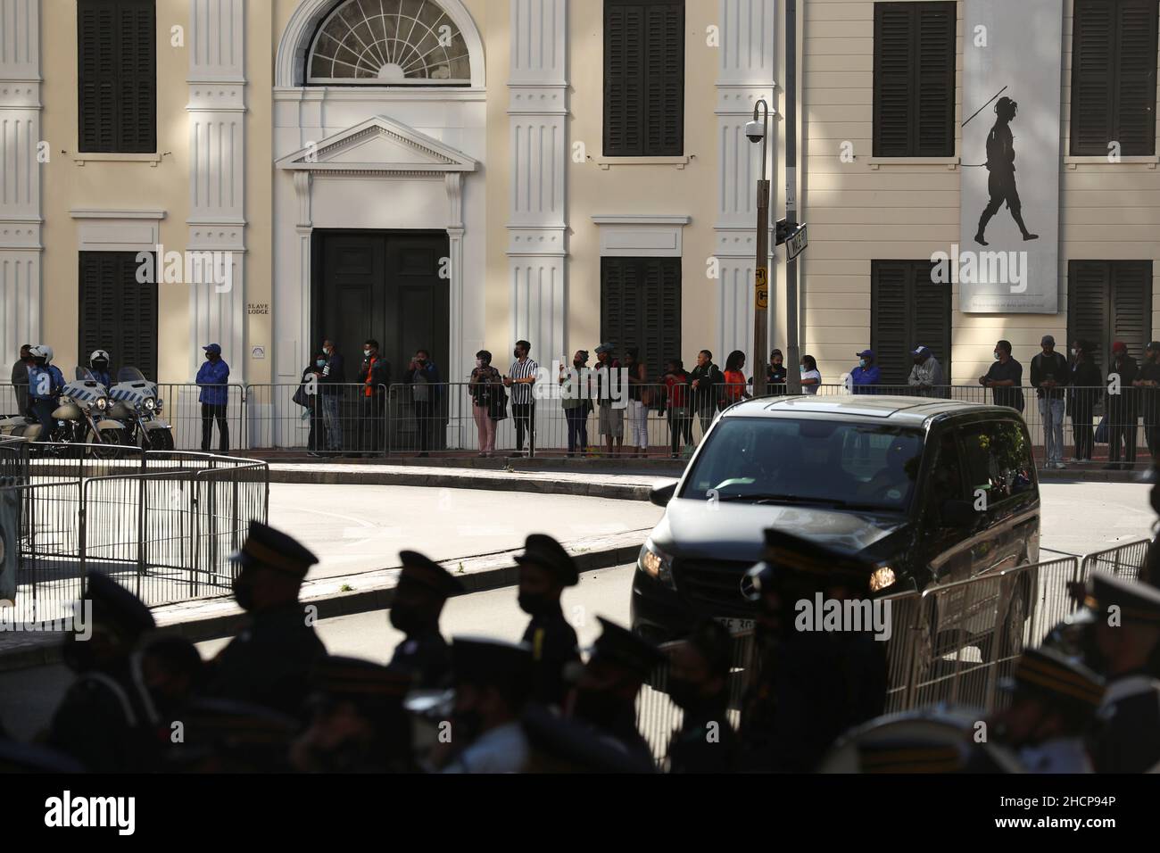 A hearse with the casket containing the body of Archbishop Desmond Tutu arrives at St. Georges Cathedral for his lying in state, in Cape Town, South Africa, December 31, 2021. REUTERS/Mike Hutchings Stock Photo