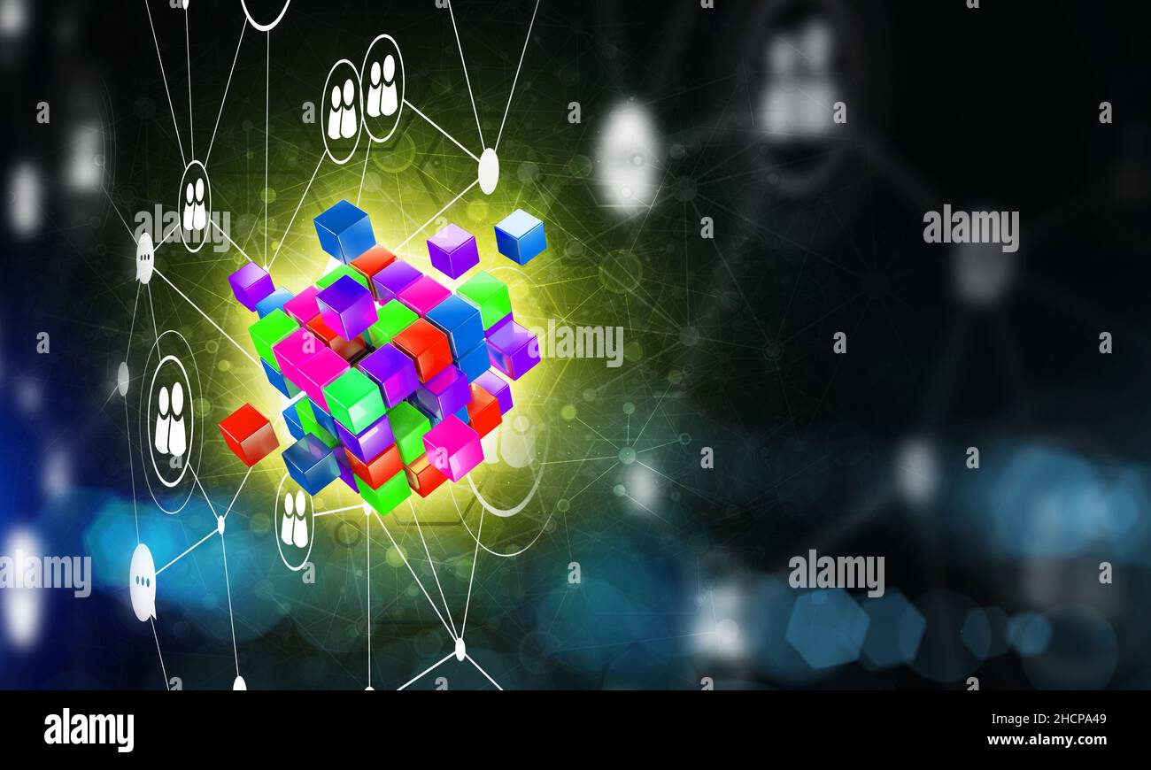 Concept of Internet and networking with digital cube figure on dark ...