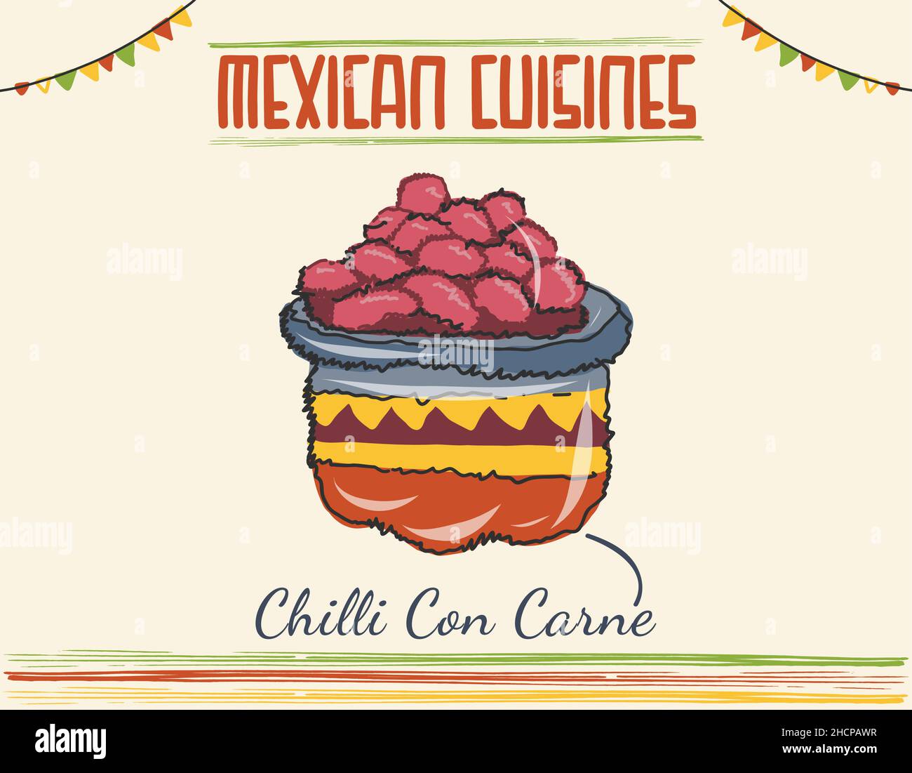 Chili con carne in bowl with spoon - Mexican traditional food. an Mexican isolated dish colored vector doodle. Mexican cuisine set. Stock Vector