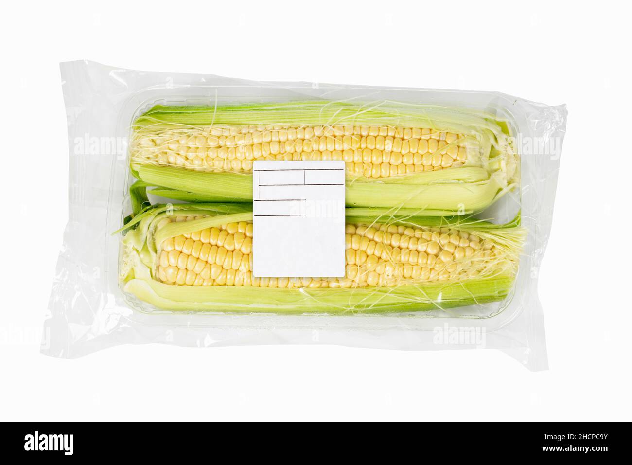 Packaged and labeled corncob on an isolated white background Stock ...