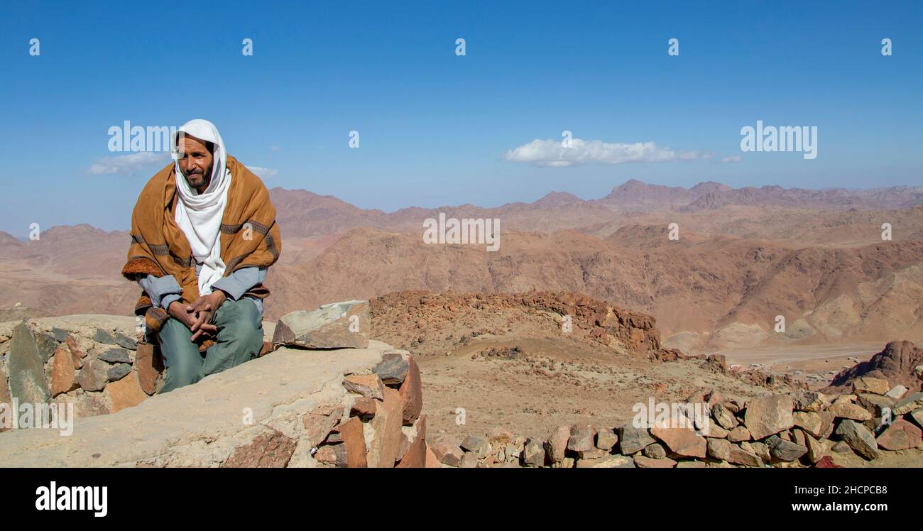 Mount Sinai , Mount Moses , Egypt - March 4,2019 : Portrait of a Bedouin Guide on the summit of Mount Sinai in Egypt. Stock Photo