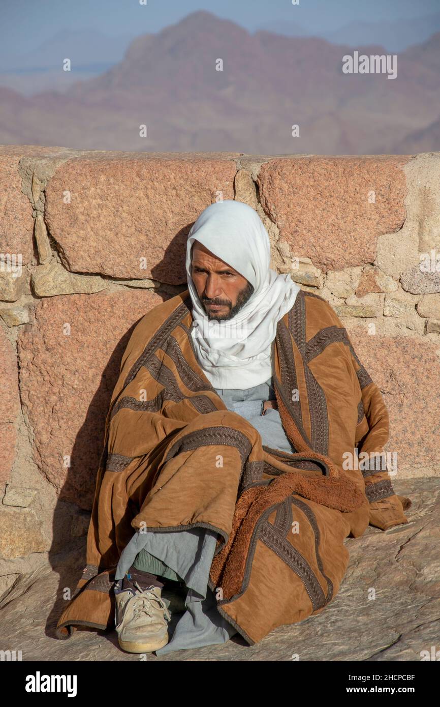 Mount Sinai , Mount Moses , Egypt - March 4,2019 : Portrait of a Bedouin Guide on the summit of Mount Sinai in Egypt. Stock Photo