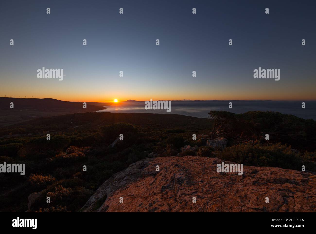 Sunrise over Tarifa with a beautiful view over the coast Stock Photo