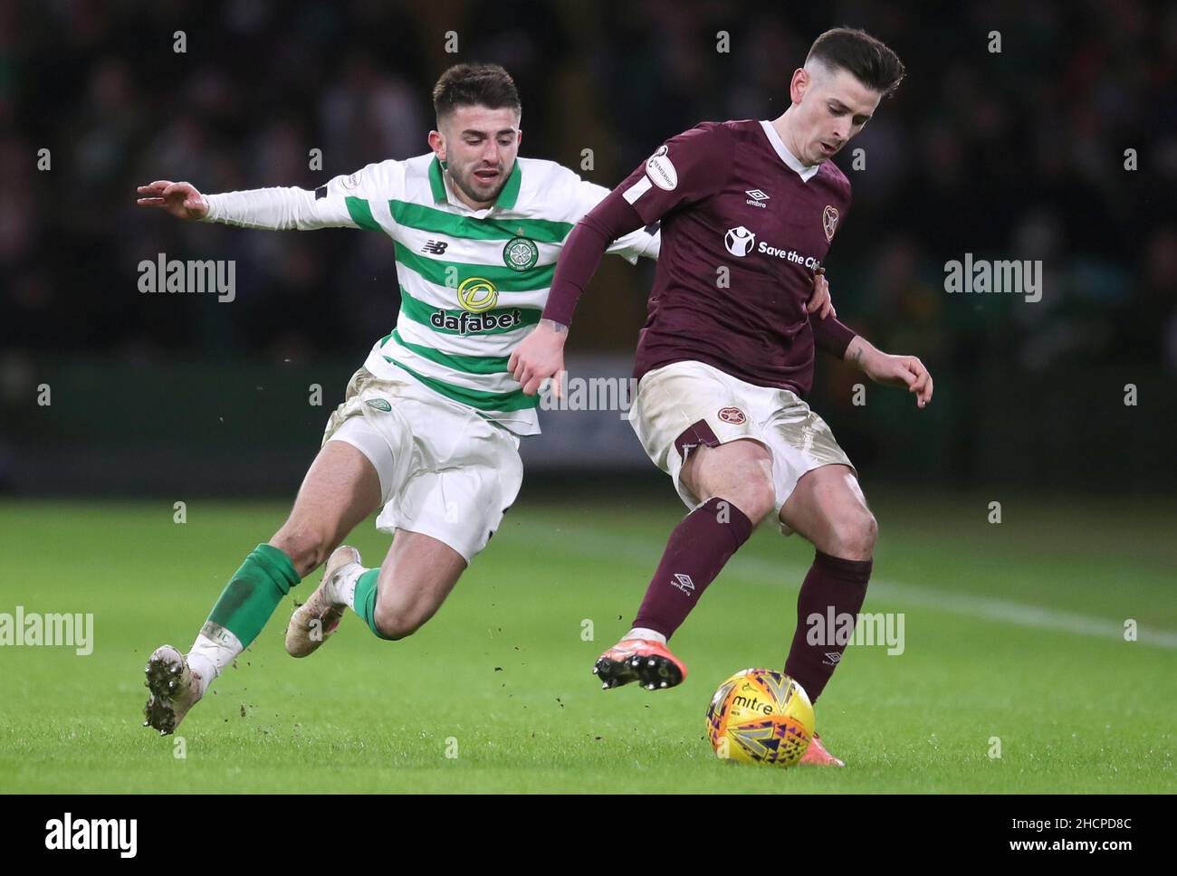 File photo dated 12-02-2020 of Celtic's Greg Taylor and Hearts' Jamie Walker. The transfer window opens in Scotland on New Year's Day and offers a chance for every club to improve their squad for the second half of the campaign. Here the PA news agency takes a look at what activity may take place over the coming month throughout the division. Issue date: Friday December 31, 2021. Stock Photo