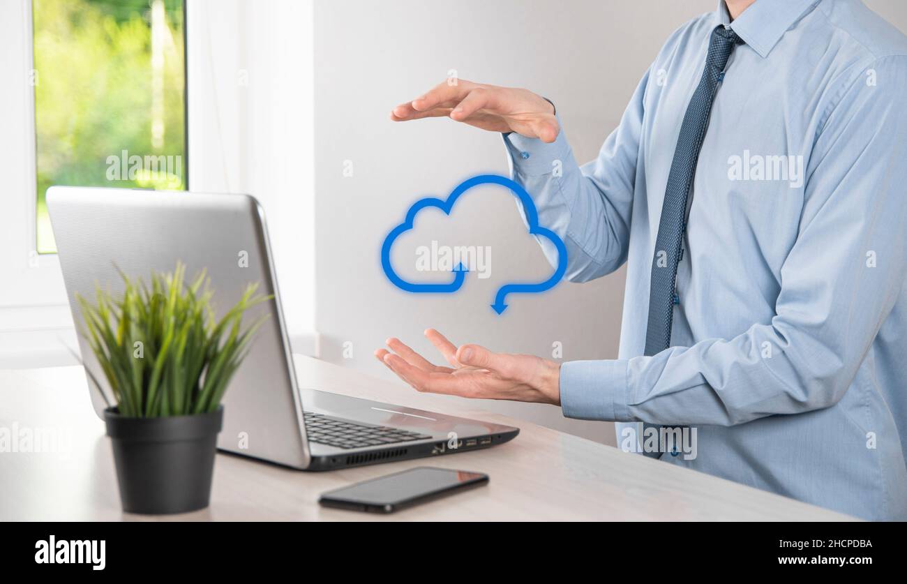 Business man holding icon cloud computing network and icon connection data information in hand. Cloud computing and technology concept Stock Photo
