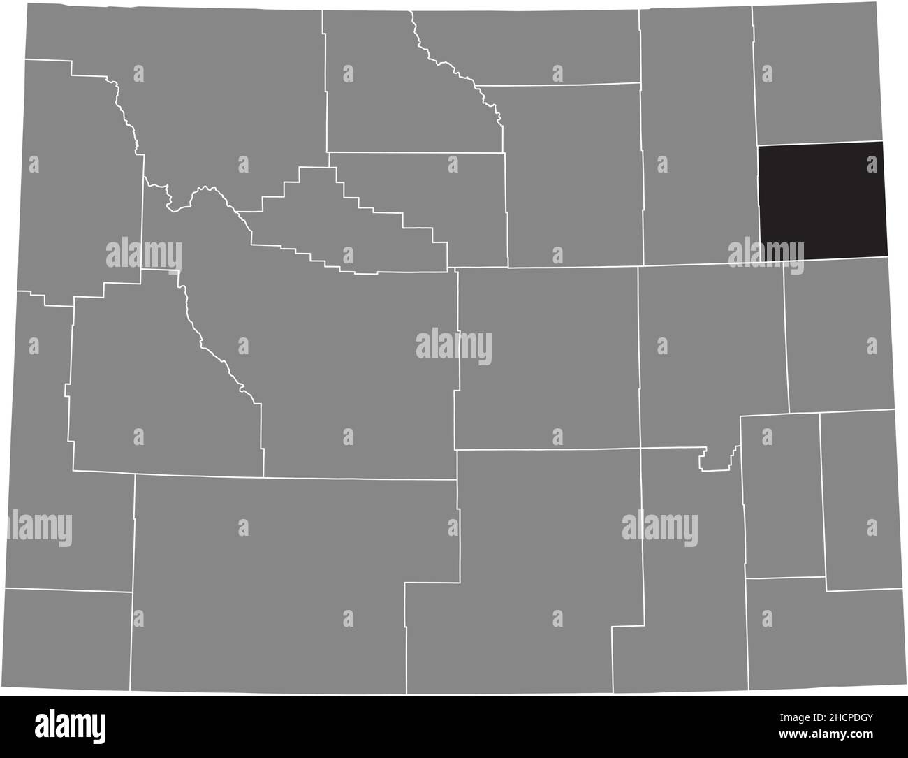 Black highlighted location map of the Weston County inside gray administrative map of the Federal State of Wyoming, USA Stock Vector