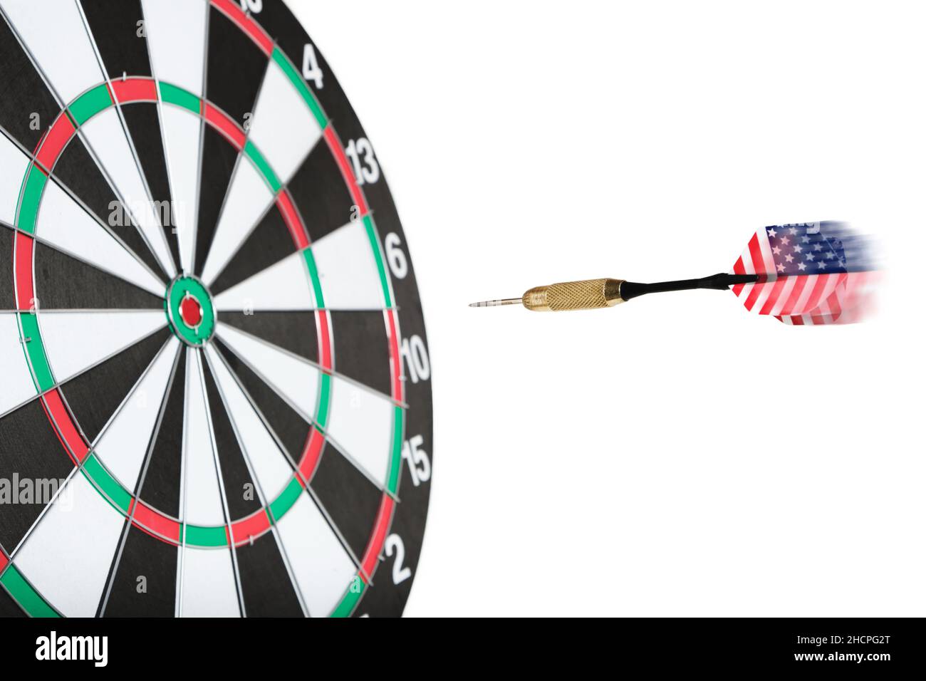 Flying dart straight at the target.Concept achieving goals Stock Photo