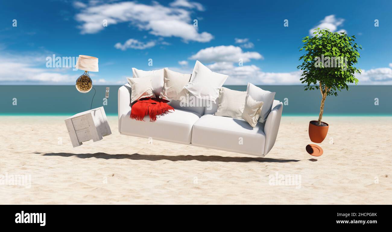 Flying sofa and furniture in weightlessness at the beach Stock Photo