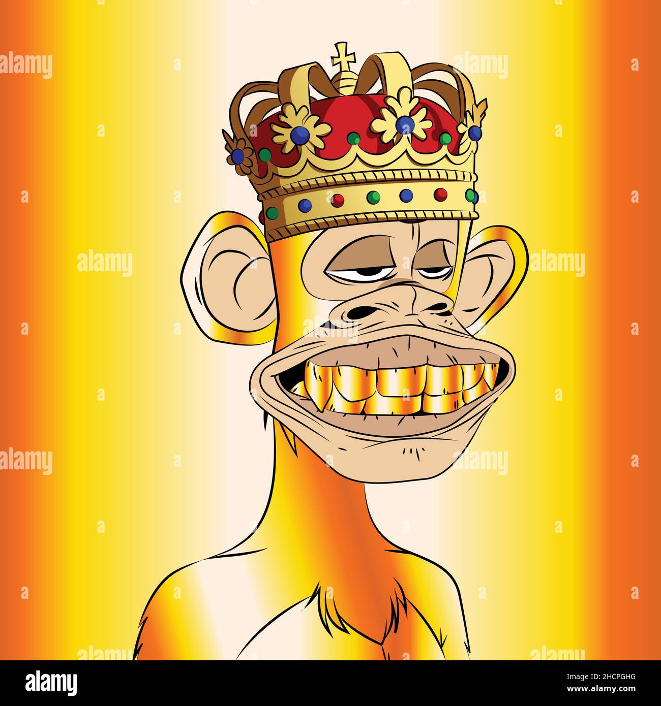 Golden bored ape king with gold teeth and red crown NFT artwork. Flat hand drawn vector illustration Stock Vector