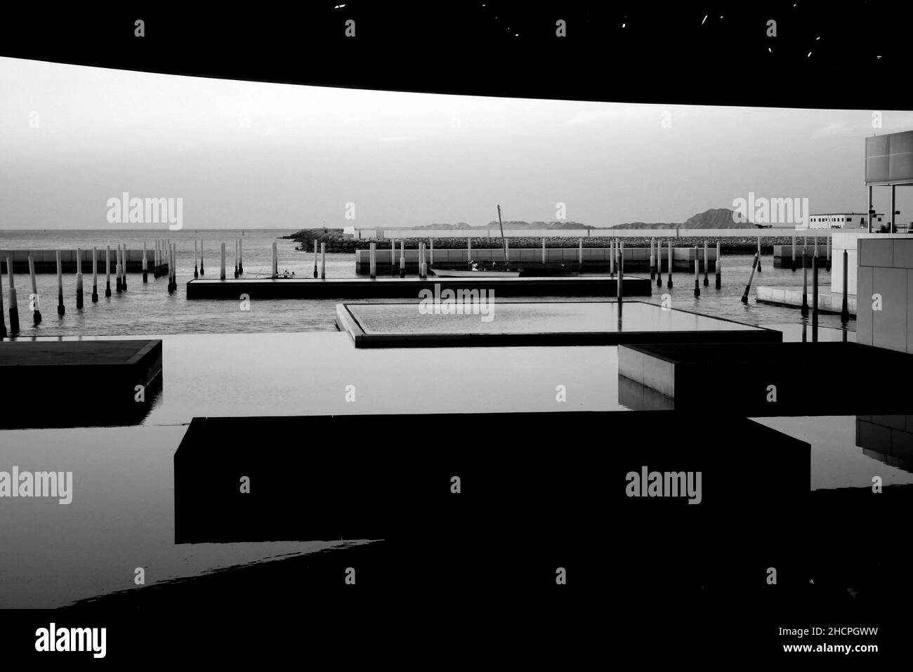 Platforms in the sea, Persian Gulf, Arabian Gulf, the Louvre Art Museum, Saadiyat Island, Abu Dhabi, United Arab Emirates Stock Photo