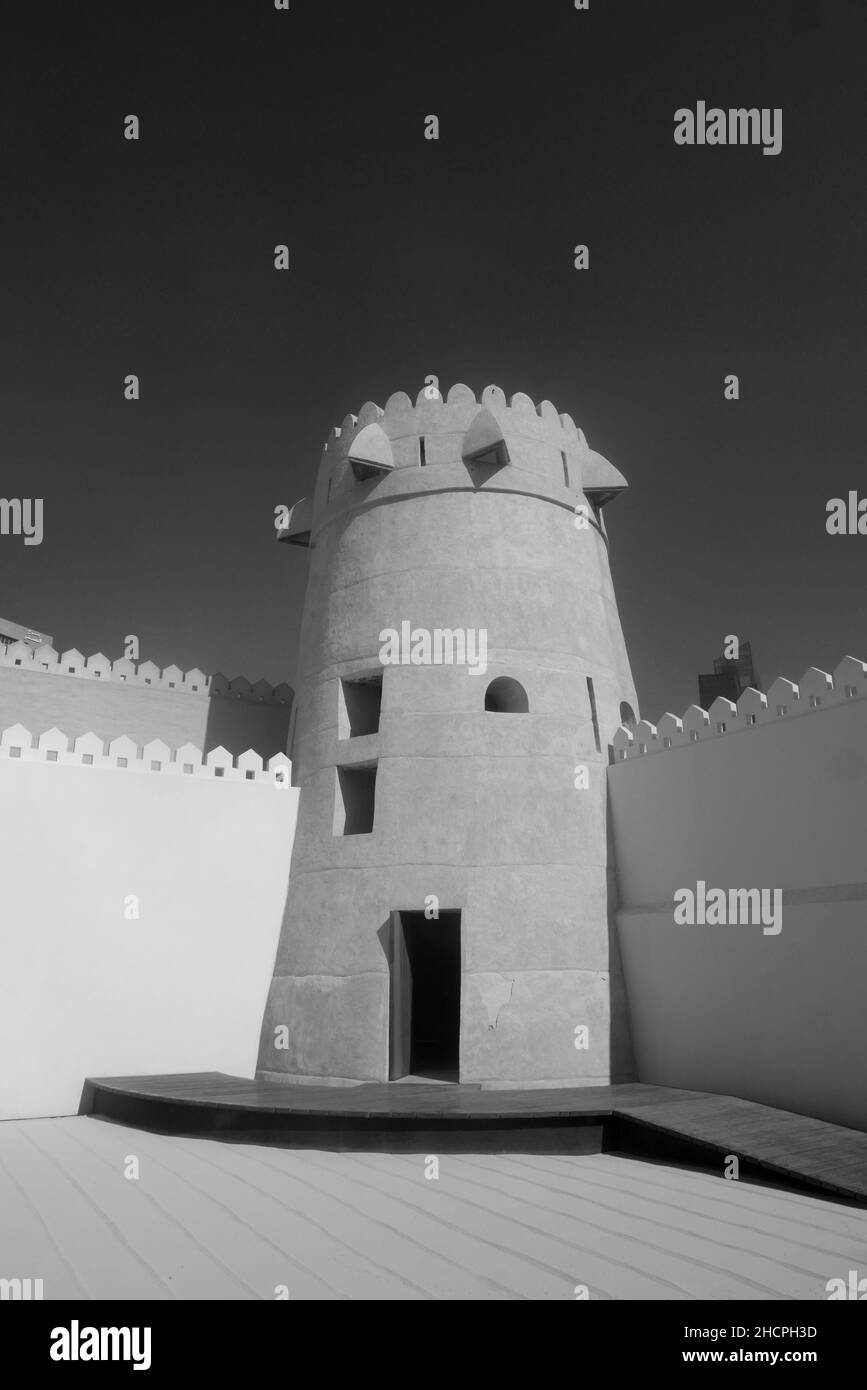 Turret at the Qasr al Hosn, White Fort, Old Fort, Palace Fort, formerly the residence of the ruling sheikh of Abu Dhabi, and emir’s palace Stock Photo