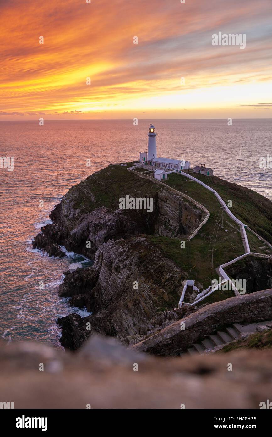 South Stack Lighthouse At Sunset Holy Island Anglesey Wales Stock 