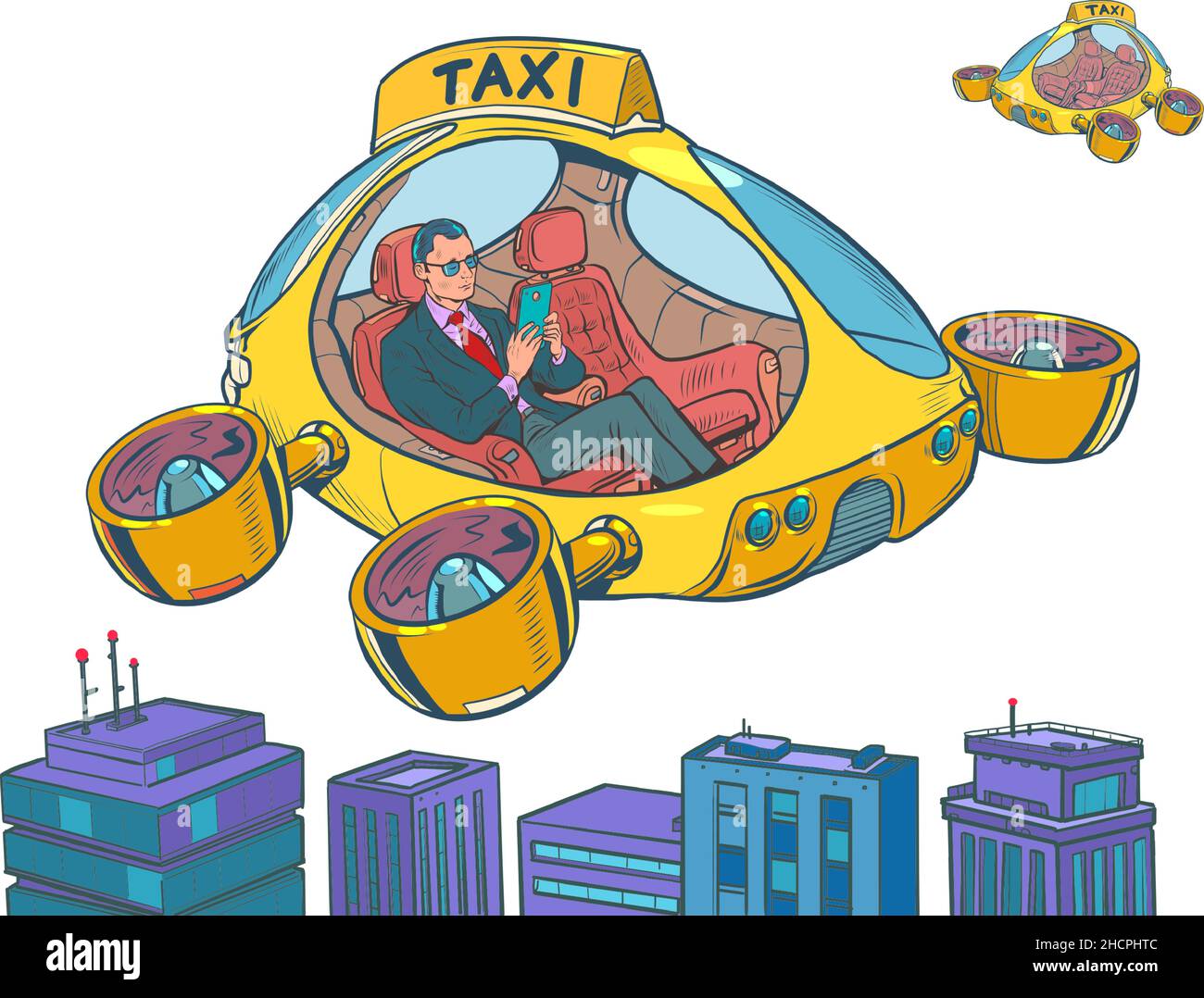Businessman passenger. Drone air taxi, autopilot city transport. Helicopter of the future Isolate on a neutral background Stock Vector