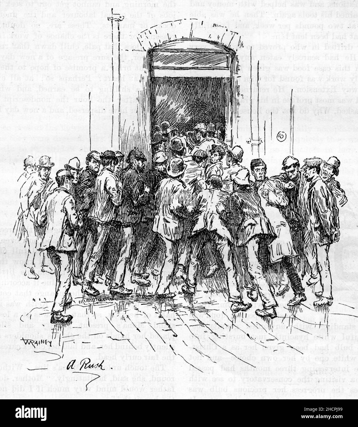 Engraving of a crowd rushing for the door, published 1892 Stock Photo