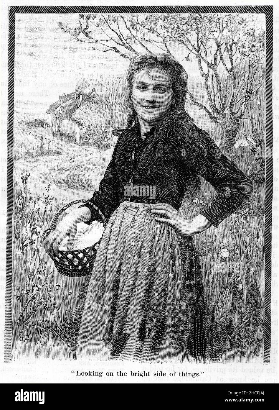 Engraving of a smiling girl holding a basket, published 1892 Stock Photo