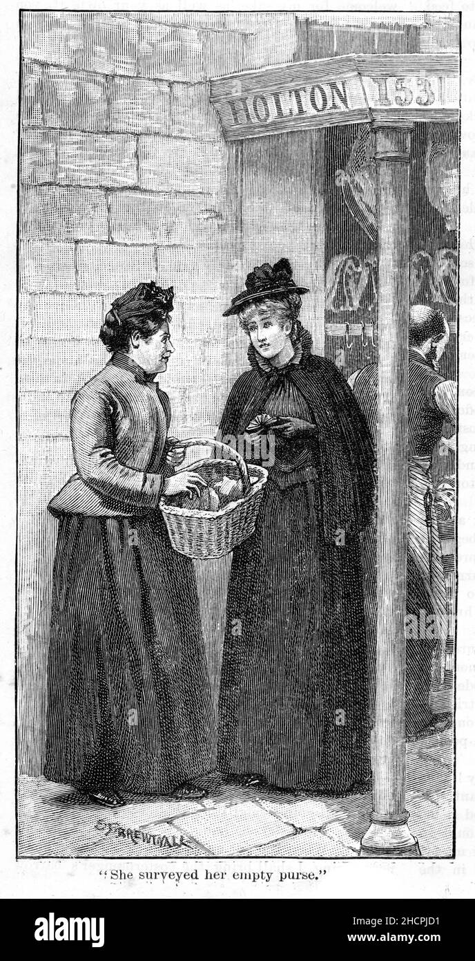Engraving of two Victorian era women making a trade on the street, published 1892 Stock Photo