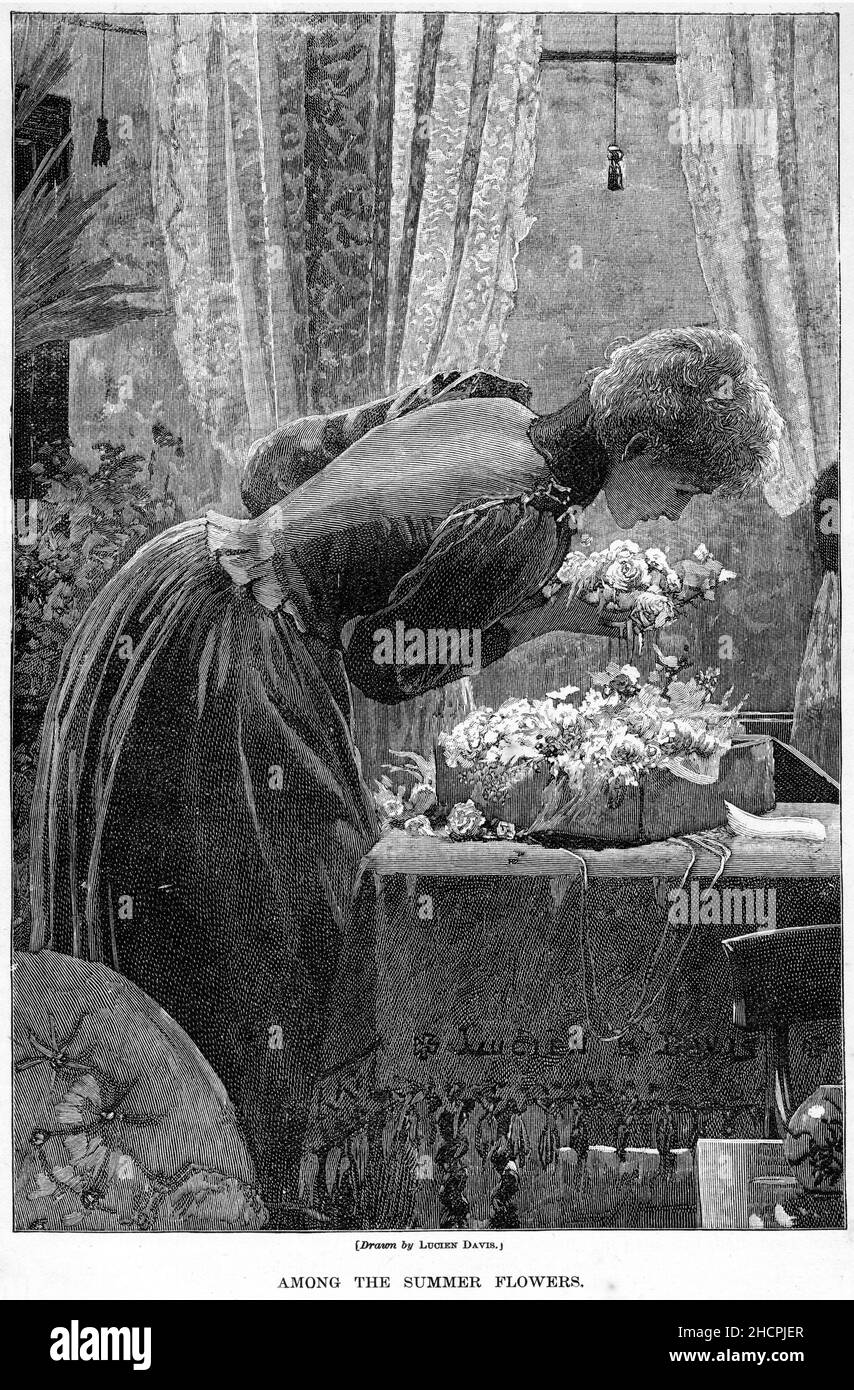 Engraving of a Victorian era woman smelling the flowers in her home, published 1892 Stock Photo