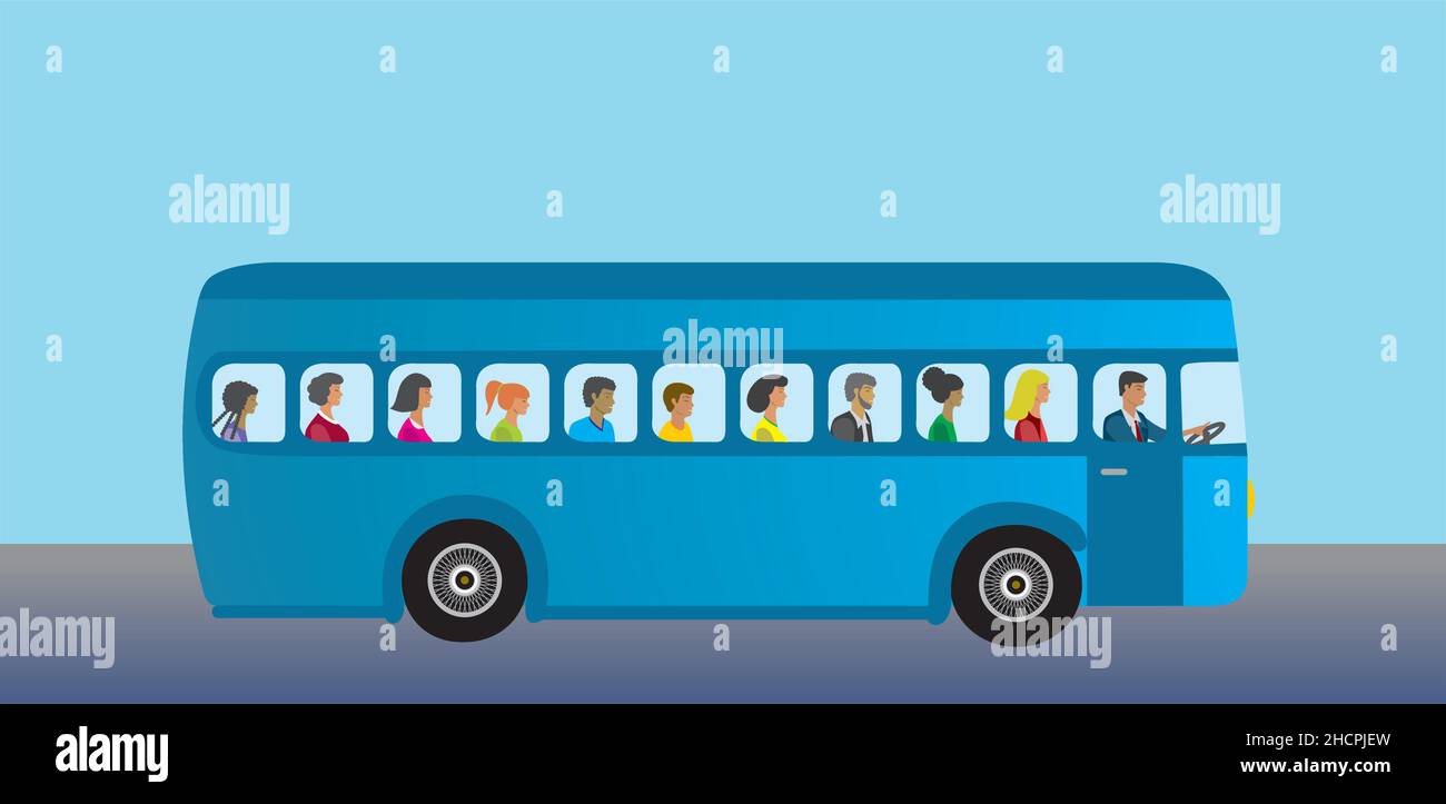 Blue bus with diversity people. Vector illustration. EPS10. Stock Vector