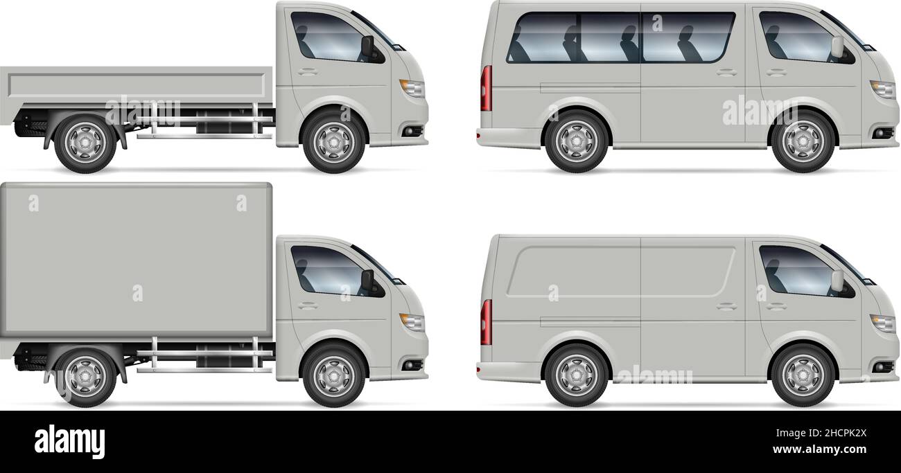 Trucks and vans vector mock-up. Side view of cargo vehicles on white for vehicle branding, advertising, corporate identity. Stock Vector