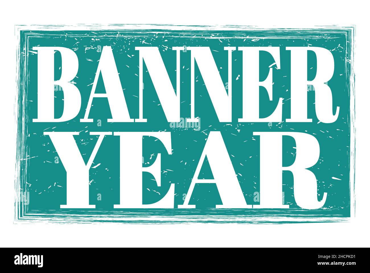BANNER YEAR, words written on blue grungy stamp sign Stock Photo Alamy