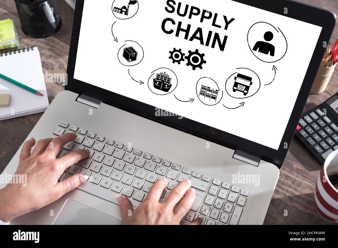 Supply chain concept shown on a laptop screen Stock Photo