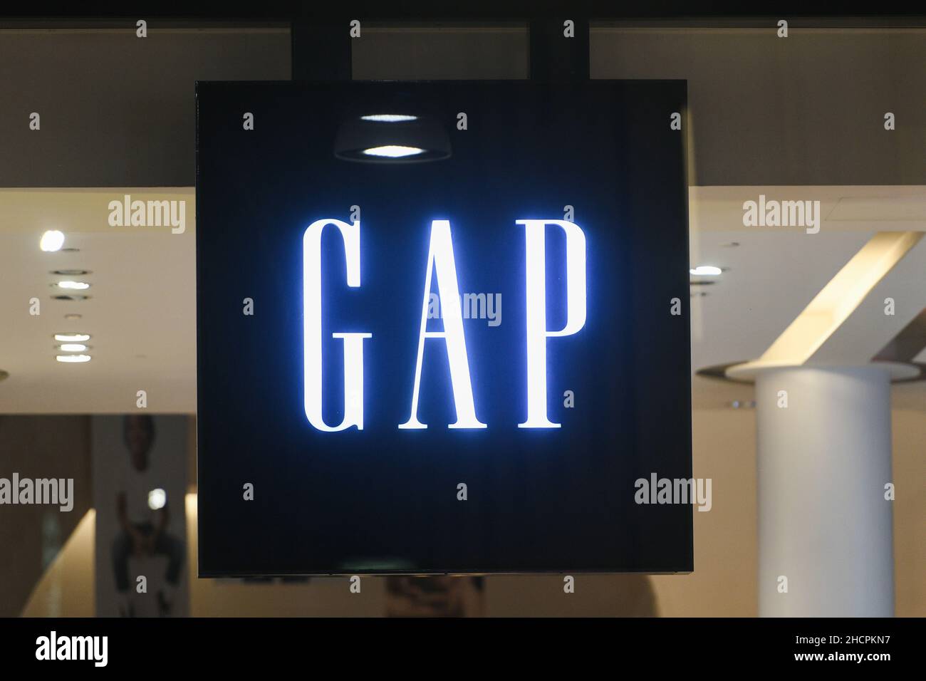 Milan, Italy - September 24, 2021: Gap logo displayed on a facade of a store in Milan. Stock Photo