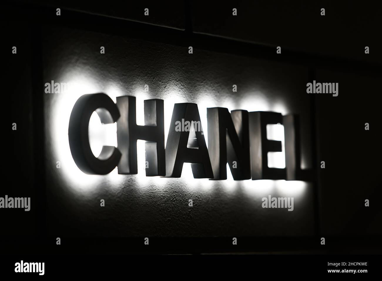 Milan, Italy - September 24, 2021: Chanel logo displayed on a facade of a store in Milan. Stock Photo