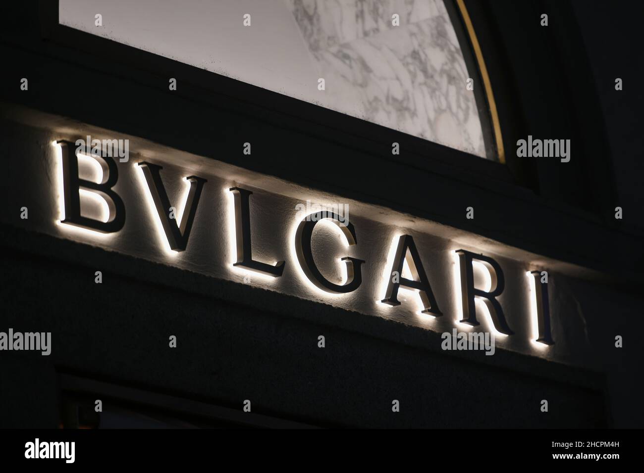 Milan, Italy - September 24, 2021: Bulgari logo displayed on a facade ...