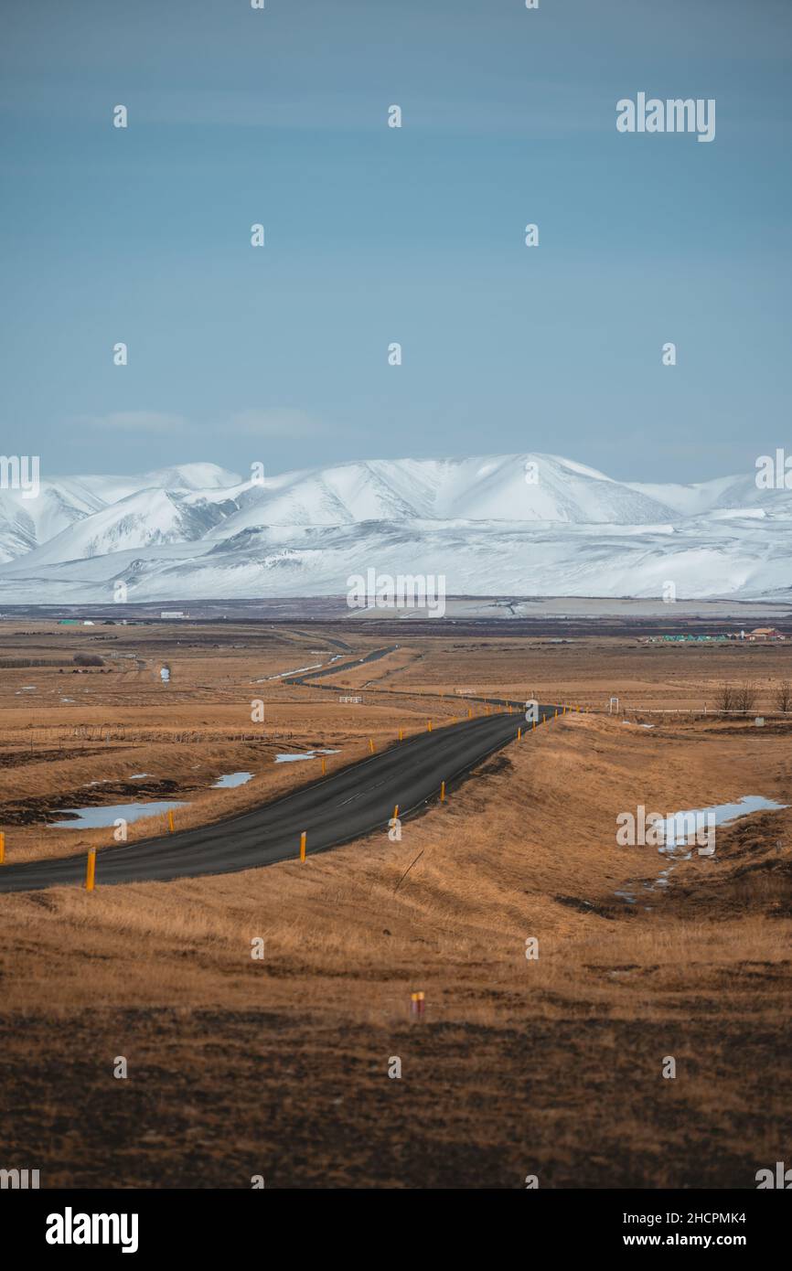 Scenic view snow covered mountains and fjords along the Ring Road in the Eastfjords of Iceland Stock Photo